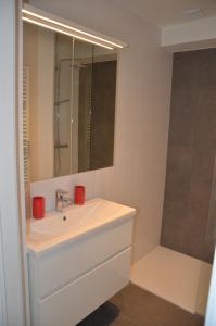Baño blanco con lavabo y espejo en 4B @ Longchamp en Ostende