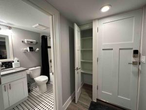 a bathroom with a toilet and a sink and a door at Private lux lower level flat fully fenced in Twin Falls +23 photos