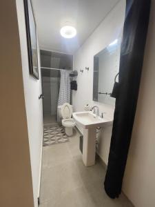 a bathroom with a sink and a toilet and a mirror at Olas de San Marino in Harry Manzo