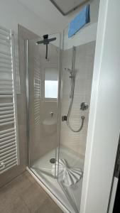 a shower with a glass door in a bathroom at Apartment Relax in Trittau +27 photos