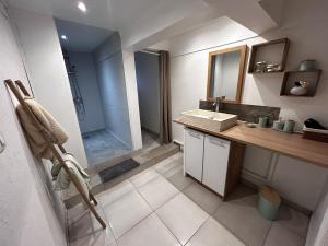a bathroom with a sink and a shower at L'appart de juju in Petite Île