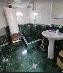 a green tiled bathroom with a sink and a shower at Family hotel ucha in Iprari