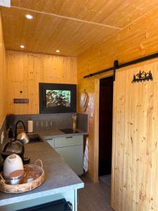 a kitchen with wooden walls and a counter top at TINY Klíny in Klíny +11 photos