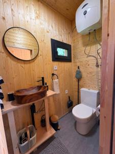 a bathroom with a toilet and a wooden wall at TINY Klíny in Klíny