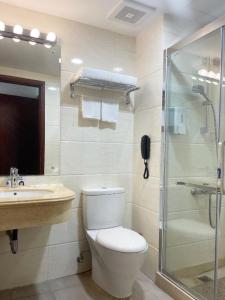 a bathroom with a toilet and a sink and a shower at Grand Harbour Hotel in Macau