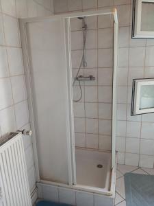 a shower with a glass door in a bathroom at Auberge leon xiv in Sarralbe