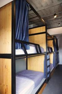 two bunk beds in a room with blue curtains at Poonpun Pet Friends Poshtel in Chanthaburi