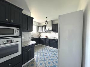 a kitchen with black cabinets and a white refrigerator at Gîte du nouguès in Garrey
