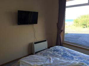 ein Schlafzimmer mit einem Bett und einem TV an der Wand in der Unterkunft Penguin Seaside Homestay in Penguin