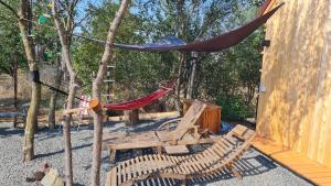 a hammock and chairs in a backyard with trees at Zum Herz in Charlotenburg