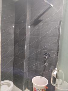 a bathroom with a shower with a toilet at Hotel Ienvo Inn in New Delhi