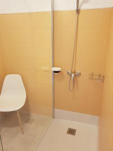 a shower with a white chair and a glass door at le Gaspalette in Saint-Uze +8 photos