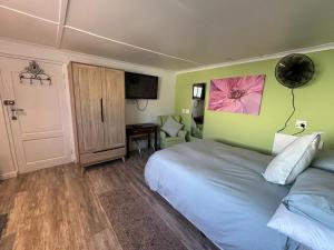 a bedroom with a bed and a green wall at Tiny Treasure in Klein Silwermyn