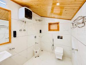 a bathroom with a shower and a toilet and a television at Hotel Mount Manali - The Cozy Stay in Vashisht