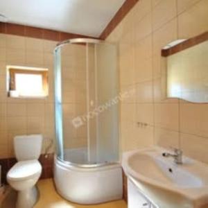a bathroom with a shower and a toilet and a sink at Domki AGA in Mrzeżyno +57 photos