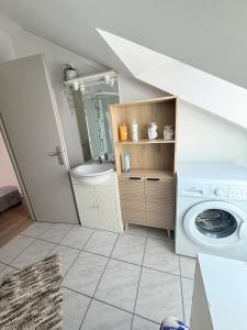 a bathroom with a washing machine and a sink at Appartement neuf à louer in Moyenmoutier