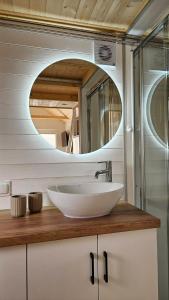 Tiny House - Rolling Tiny - Wanderfalke في Groß Kordshagen: حمام به حوض غسيل أبيض ومرآة