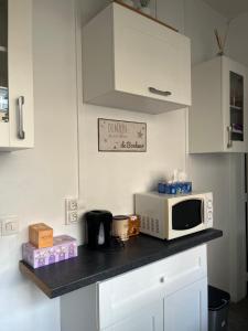 a kitchen with a counter with a microwave on it at Le cocon-Romania in Châteauroux