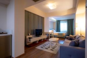 a living room with a couch and a tv in a room at Heykel Suites Otel in Konak