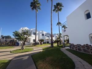 a walkway in front of a white building with palm trees at Turbo Club in Maspalomas