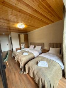 three beds in a room with wooden ceilings at Lalveri INN in Mestia +69 photos