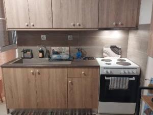 a kitchen with wooden cabinets and a stove top oven at Anemomylos House in Kámpos