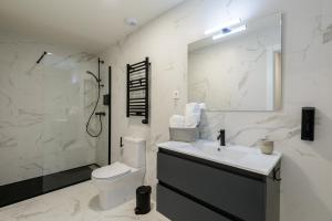 a bathroom with a sink and a toilet and a shower at Torrejón Suites in Torrejón de Ardoz