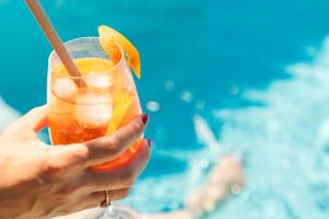 a person holding a drink with an orange slice at Hôtel Les Deux Chèvres Gevrey-Chambertin in Gevrey-Chambertin