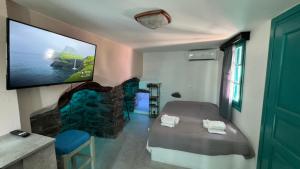 a room with a bed and a flat screen tv at Kamares in Tholária