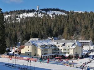 a large building on a ski slope in the snow at Ferienwohnung Schwarzwaldnest in Feldberg