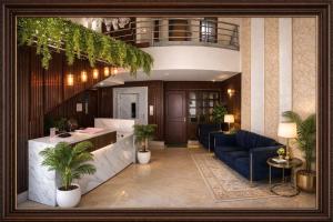 a lobby with a bar in a building at IndiGo Line Hotel - Banjara Hills X Beside Paradise Biryani in Hyderabad