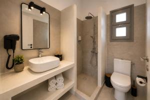 a bathroom with a sink and a toilet and a mirror at Danа̃e Sun&Sea Stays in Livadi