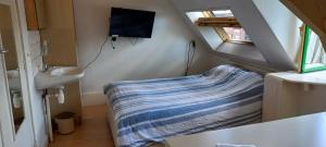 a small bathroom with a bed and a sink at Aangenaam & redelijk geprijsd in Amersfoort +3 photos