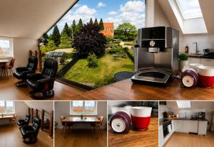 a kitchen and a living room with a view of a yard at The Hidden Sea View in Sønderborg