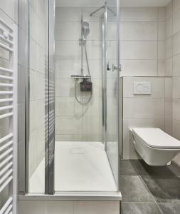 a bathroom with a shower and a toilet at Haus Schildt, FeWo 1 in Duhnen