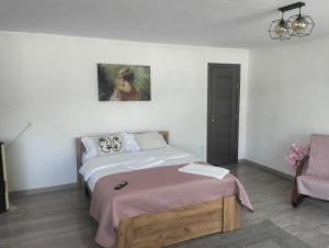 a bedroom with a bed and a painting on the wall at Kub A - 15min de Toplita in Sărmaş +2 photos