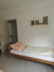 a bed in a room with a shelf on the wall at Tapolca Centrum-Tapolca Szíve Apartmanok in Tapolca