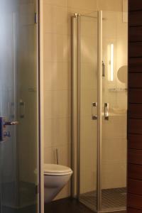 a bathroom with a toilet and a glass shower at Hotel Begardenhof in Cologne