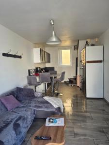 a living room with a couch and a table and a refrigerator at comfortable village house in Le Fossat
