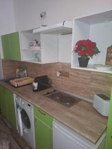 a kitchen with green and white cabinets and a sink at apartament Karla Indigo in Oradea