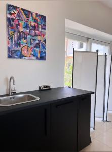 a kitchen with a sink and a painting on the wall at Landidyll am Bauerhof in Sankt Valentin +6 photos