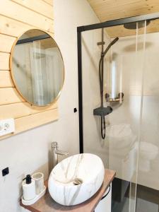 a bathroom with a white sink and a mirror at InPlai Cabins in Albestii de Arges +44 photos