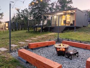 a tiny house with a fire pit in the yard at InPlai Cabins in Albestii de Arges