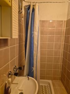 a bathroom with a sink and a blue shower curtain at Lila apartments in Bijakovići