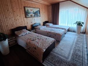 a room with three beds and a window at Oleksandria in Volovets