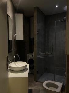 a bathroom with a sink and a toilet and a shower at Skyline Residence Podgorica in Podgorica