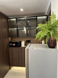 a refrigerator with a potted plant on top of it at Vita Resort Golf Bastos in Yaoundé
