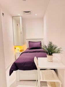 a bedroom with a bed and a table with a potted plant at Vogue Inn in Abu Dhabi
