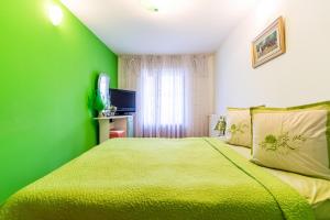 a green bedroom with a bed and a television at Casa Buga in Telega