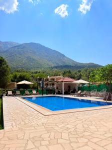 a swimming pool with a mountain in the background at Milas Trojica Kotor in Kotor